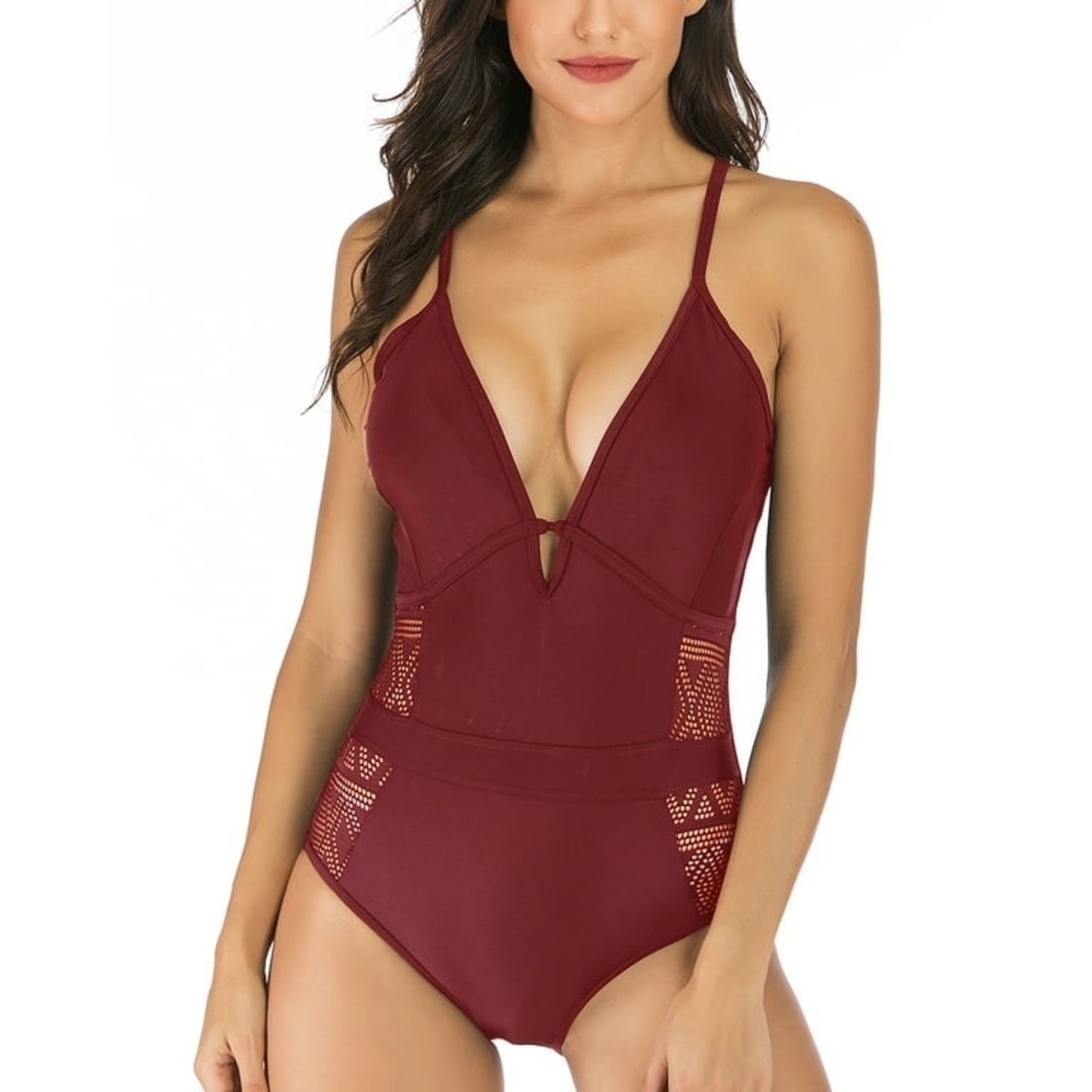 Halter Plunging V Neck Bathing Suit Hollow Out Side Edge Red Wine Swimwear